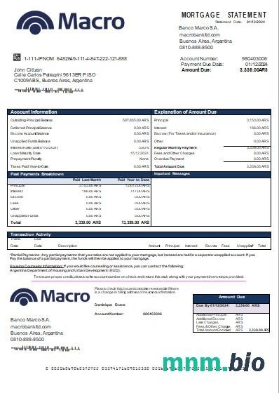 Argentyna Bank Macro S.A. wyciąg z kredytu hipotecznego szablon Word i PDF